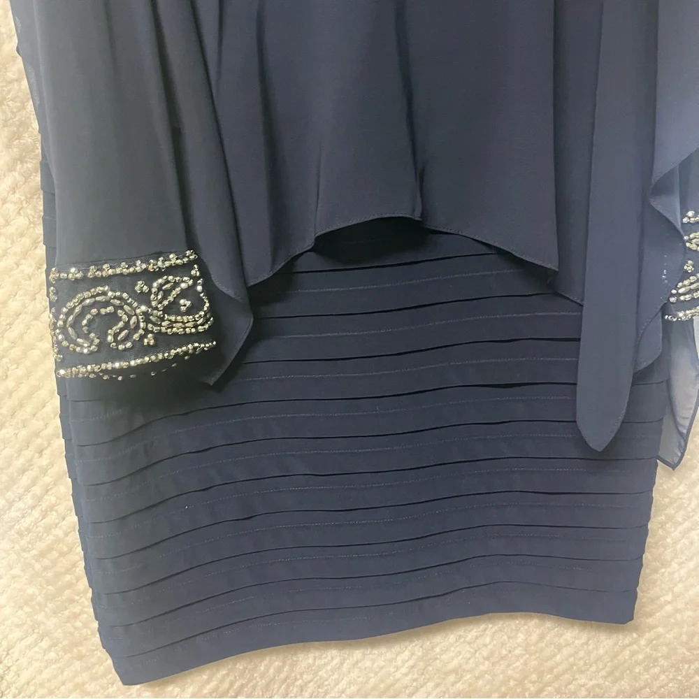 Betsy & Adam Navy Blue Cold Shoulder Popover Dress Embellished Cuffs Size 10 - Picture 6 of 12